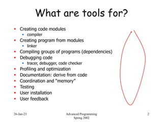 26-Jan-23 Advanced Programming
Spring 2002
2
What are tools for?
 Creating code modules
 compiler
 Creating program fro...