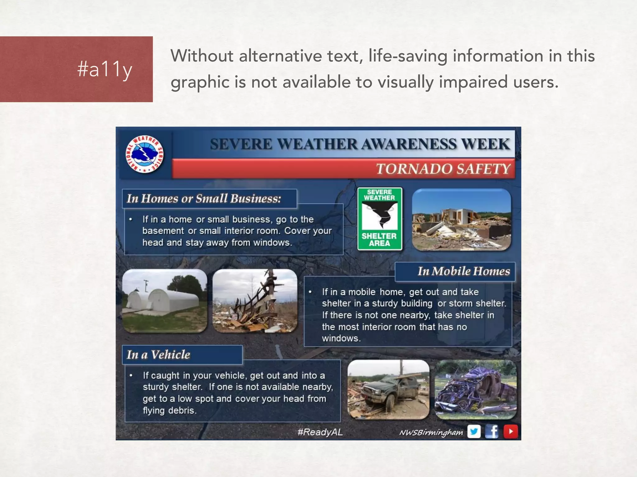 Without alternative text, life-saving information in this
graphic is not available to visually impaired users.
#a11y
 