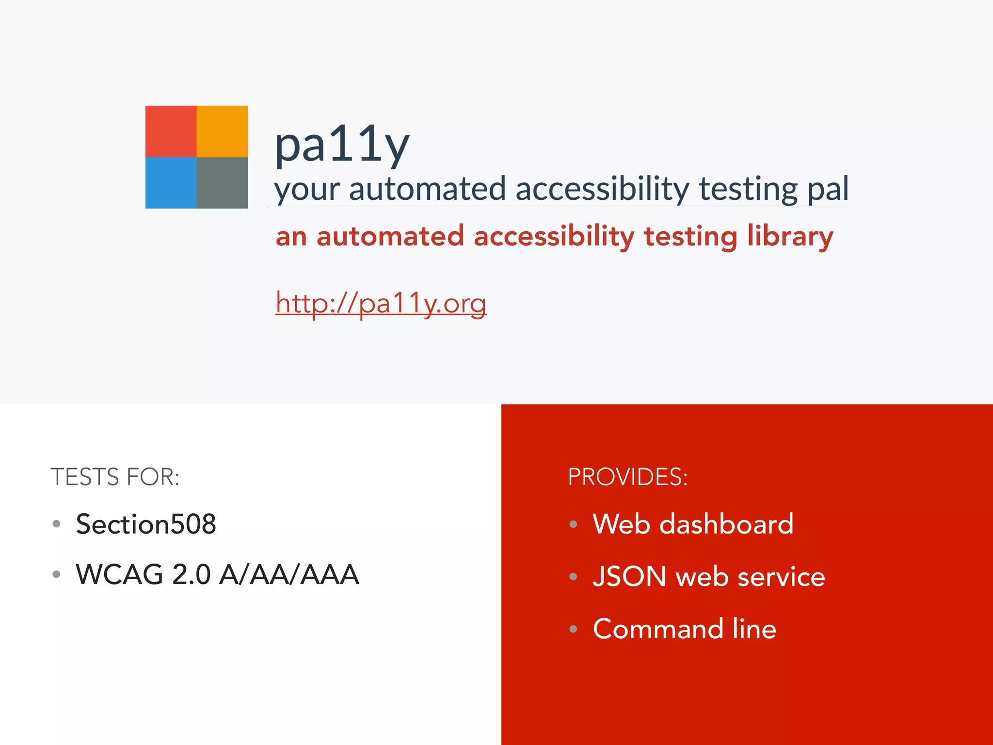 client-side script that checks HTML source code
and detects violations of a deﬁned coding standard
http://squizlabs.github.io/HTML_CodeSniffer
• Copy/paste code for quick testing
• Free bookmarklet for in-browser testing
TESTS FOR: Section 508 and WCAG 2.0 A/AA/AAA
 