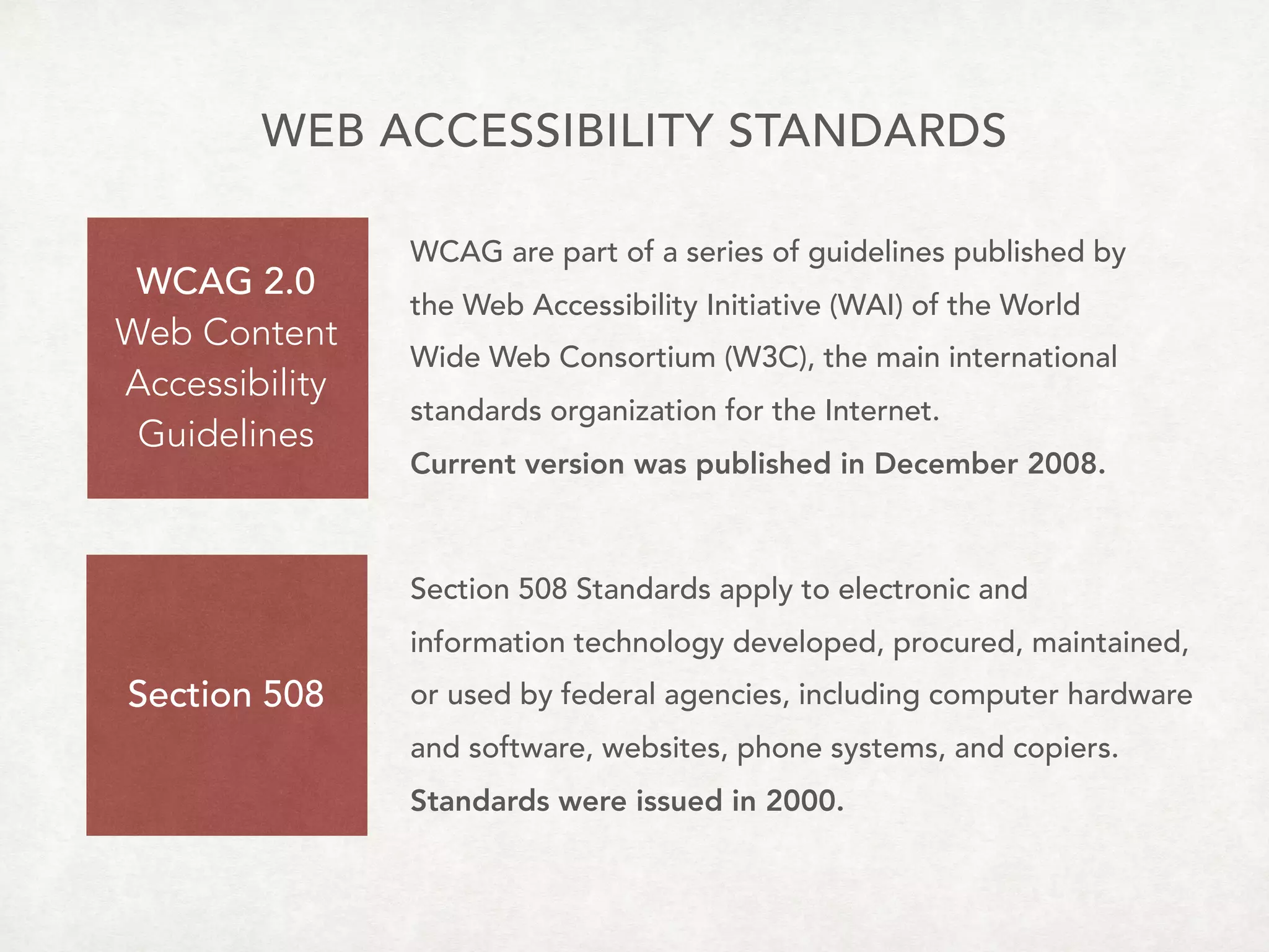 WEB ACCESSIBILITY STANDARDS
WCAG 2.0
Web Content 
Accessibility 
Guidelines
Section 508
WCAG are part of a series of guidelines published by  
the Web Accessibility Initiative (WAI) of the World
Wide Web Consortium (W3C), the main international
standards organization for the Internet.
Current version was published in December 2008.
Section 508 Standards apply to electronic and  
information technology developed, procured, maintained,
or used by federal agencies, including computer hardware
and software, websites, phone systems, and copiers.
Standards were issued in 2000.
 