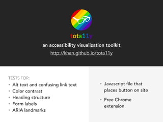 an accessibility evaluation tool from WebAIM
http://wave.webaim.org
• Free in-browser testing
• Free Chrome extension
• Premium API
TESTS FOR: Section 508 and WCAG 2.0 A/AA
 