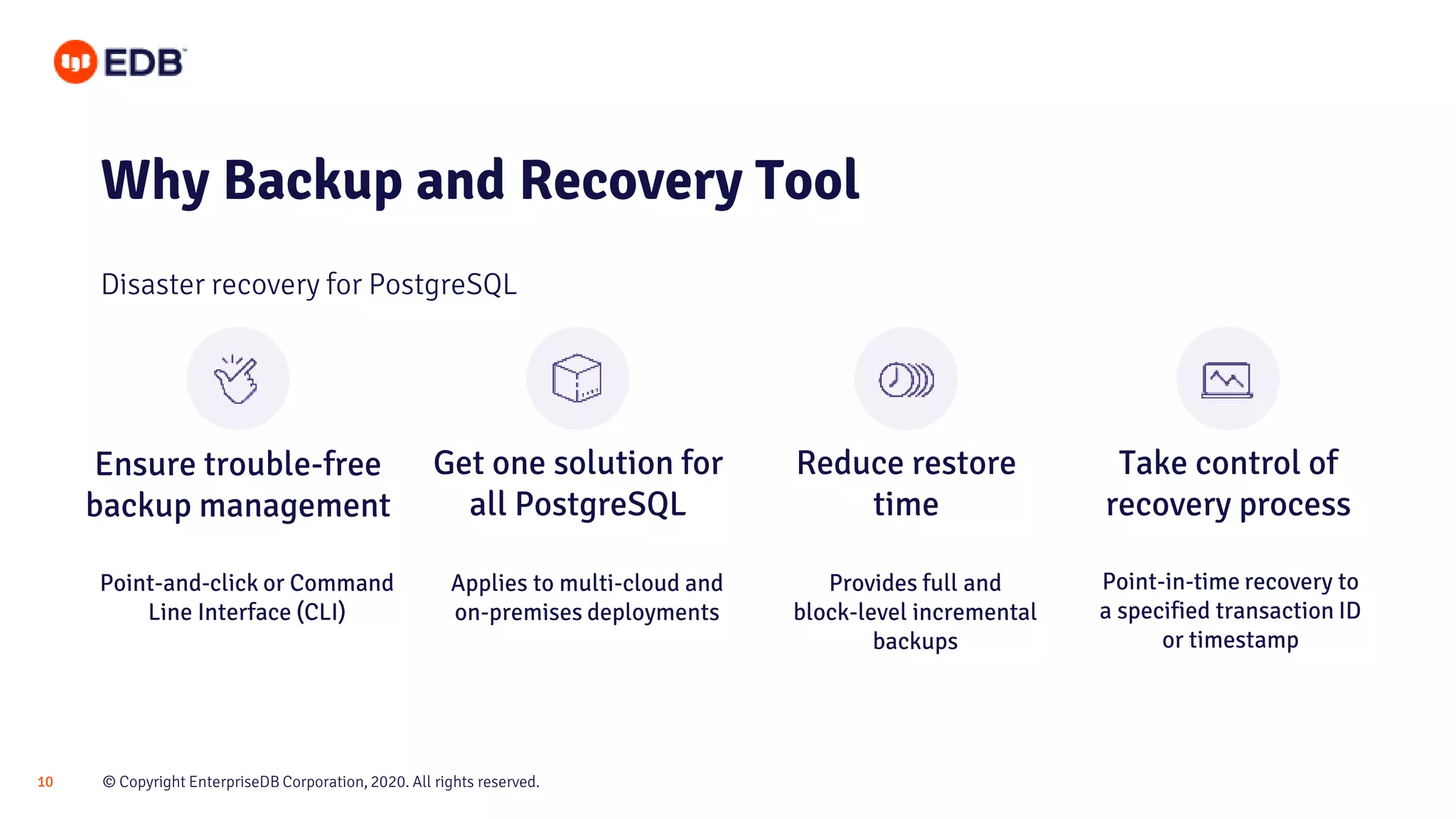 © Copyright EnterpriseDB Corporation, 2020. All rights reserved.10
Ensure trouble-free
backup management
Get one solution for
all PostgreSQL
Reduce restore
time
Take control of
recovery process
Why Backup and Recovery Tool
Disaster recovery for PostgreSQL
Point-and-click or Command
Line Interface (CLI)
Applies to multi-cloud and
on-premises deployments
Provides full and
block-level incremental
backups
Point-in-time recovery to
a specified transaction ID
or timestamp
 
