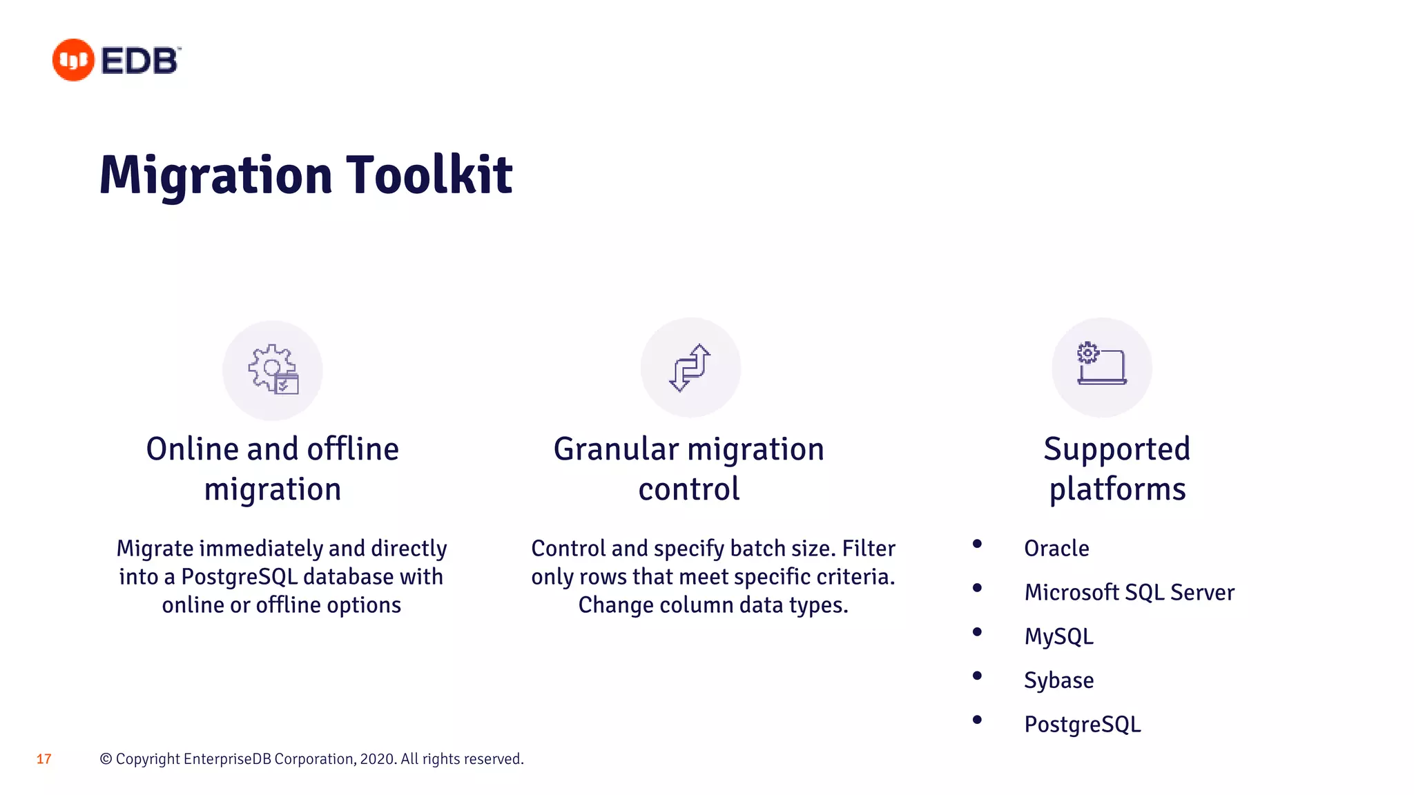 © Copyright EnterpriseDB Corporation, 2020. All rights reserved.17
Migration Toolkit
Migrate immediately and directly
into a PostgreSQL database with
online or offline options
Control and specify batch size. Filter
only rows that meet specific criteria.
Change column data types.
• Oracle
• Microsoft SQL Server
• MySQL
• Sybase
• PostgreSQL
Online and offline
migration
Granular migration
control
Supported
platforms
 