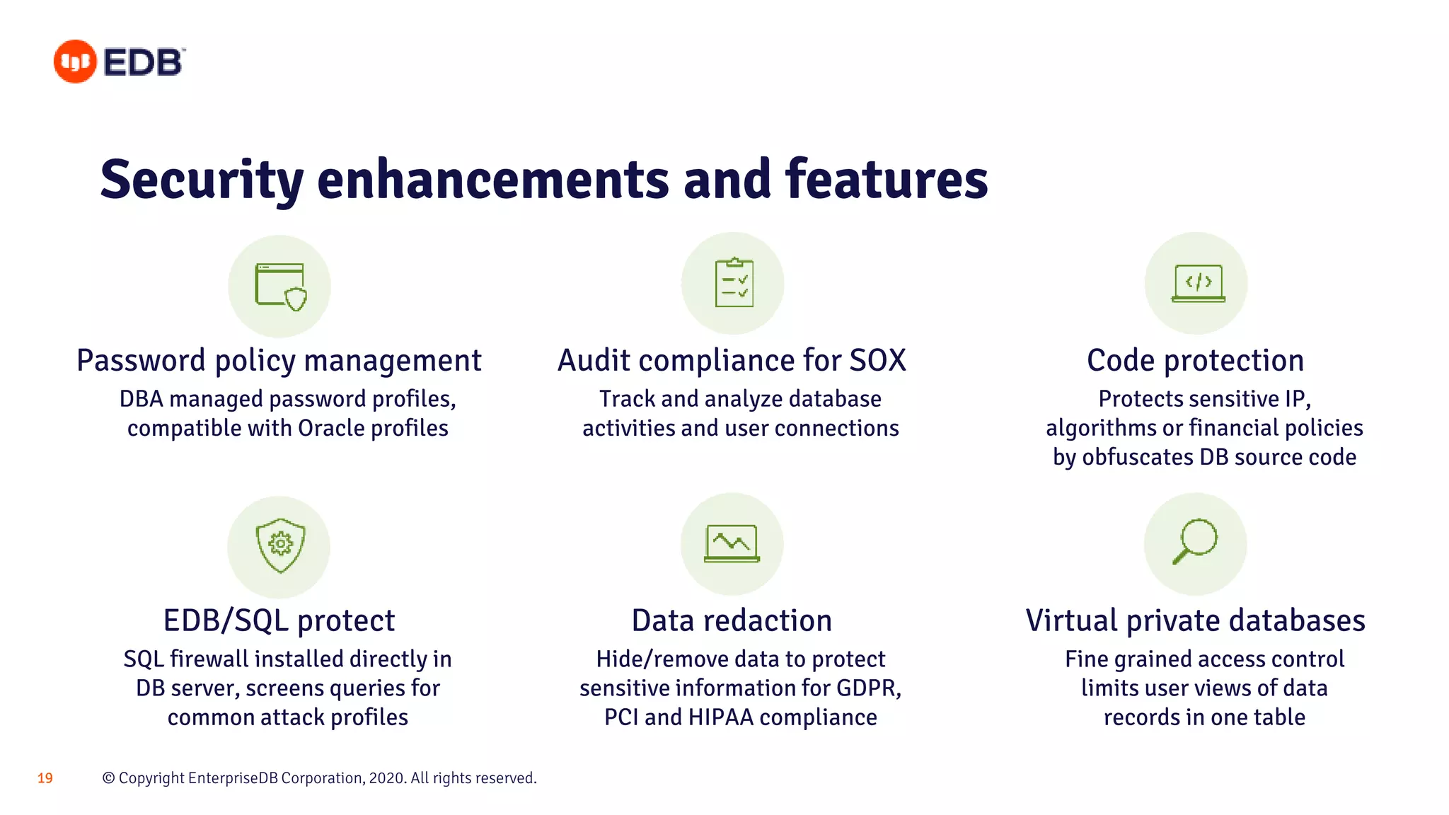 © Copyright EnterpriseDB Corporation, 2020. All rights reserved.19
Security enhancements and features
DBA managed password profiles,
compatible with Oracle profiles
Track and analyze database
activities and user connections
Protects sensitive IP,
algorithms or financial policies
by obfuscates DB source code
Fine grained access control
limits user views of data
records in one table
SQL firewall installed directly in
DB server, screens queries for
common attack profiles
Hide/remove data to protect
sensitive information for GDPR,
PCI and HIPAA compliance
Password policy management Audit compliance for SOX Code protection
Virtual private databasesData redactionEDB/SQL protect
 