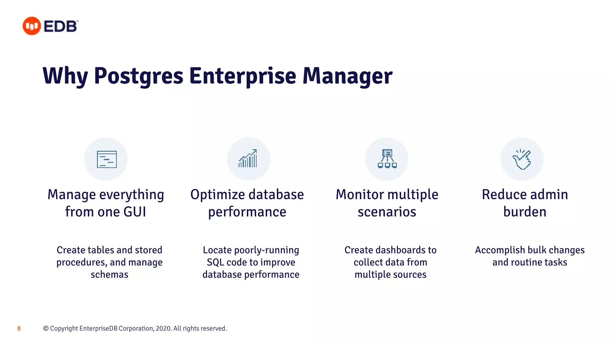 © Copyright EnterpriseDB Corporation, 2020. All rights reserved.8
Manage everything
from one GUI
Optimize database
performance
Monitor multiple
scenarios
Reduce admin
burden
Why Postgres Enterprise Manager
Create tables and stored
procedures, and manage
schemas
Locate poorly-running
SQL code to improve
database performance
Create dashboards to
collect data from
multiple sources
Accomplish bulk changes
and routine tasks
 