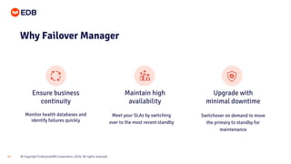© Copyright EnterpriseDB Corporation, 2020. All rights reserved.12
Ensure business
continuity
Maintain high
availability
Upgrade with
minimal downtime
Why Failover Manager
Monitor health databases and
identify failures quickly
Meet your SLAs by switching
over to the most recent standby
Switchover on demand to move
the primary to standby for
maintenance
 