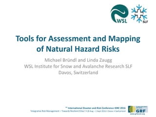 6th
International Disaster and Risk Conference IDRC 2016
‘Integrative Risk Management – Towards Resilient Cities‘ • 28 Aug – 1 Sept 2016 • Davos • Switzerland
www.grforum.org
Tools for Assessment and Mapping
of Natural Hazard Risks
Michael Bründl and Linda Zaugg
WSL Institute for Snow and Avalanche Research SLF
Davos, Switzerland
 