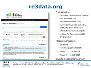 re3data.org
•  Projektpartner:
•  Deutsches GeoForschungsZentrum
GFZ, Bibliothek und
Informationsdienste (LIS)
•  Humboldt...