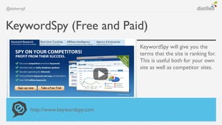 @dohertyjf



KeywordSpy (Free and Paid)
                                         KeywordSpy will give you the
                                         terms that the site is ranking for.
                                         This is useful both for your own
                                         site as well as competitor sites.

http://www.keywordspy.com




             http://www.keywordspy.com
 