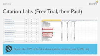 @dohertyjf



Citation Labs (Free Trial, then Paid)




             Export the CSV to Excel and manipulate the data (sort by PR, etc)
             
 