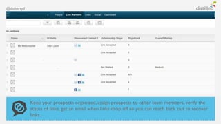 @dohertyjf




             Keep your prospects organized, assign prospects to other team members, verify the
             status of links, get an email when links drop off so you can reach back out to recover
             links.
 