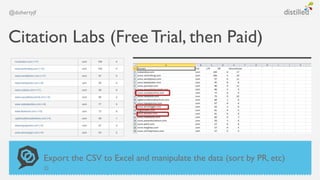 @dohertyjf



Citation Labs (Free Trial, then Paid)




             Export the CSV to Excel and manipulate the data (sort...