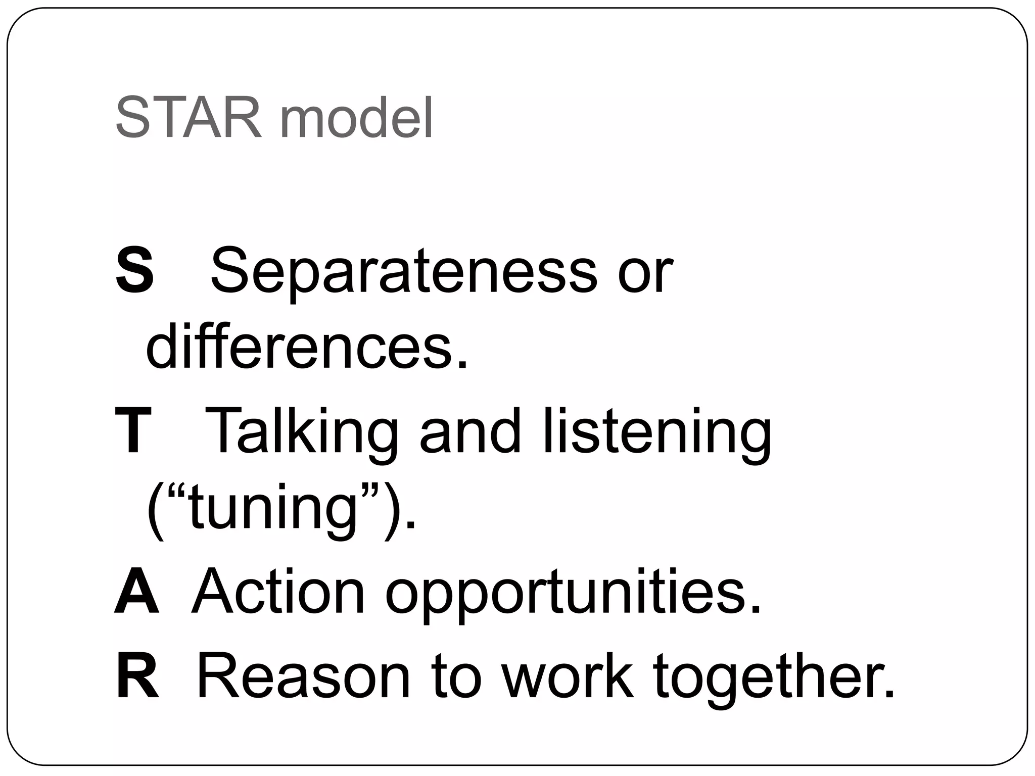 STAR model

S Separateness or
 differences.
T Talking and listening
 (“tuning”).
A Action opportunities.
R Reason to work together.
 