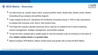 3
BCG Matrix - Overview
• It is also known as growth–share matrix, product portfolio matrix, Boston Box, Boston matrix, Boston
Consulting Group analysis and portfolio diagram.
• It was created by Bruce D. Henderson for the Boston Consulting Group in 1970 to help corporations
to analyse their business units, that is, their product lines.
• This helps the company allocate resources and is used as an analytical tool in brand marketing,
product management, strategic management, and portfolio analysis.
• To use the chart, analysts plot a scatter graph to rank the business units (or products) on the basis of
their relative market shares and growth rates.
• Need to analyse TATA Motors’ relative market share and growth rate to draw the BCG Matrix.
Sources: Pearce, John A. (2000). Strategic management : formulation, implementation, and control. Robinson, Richard B. (Richard Braden)
 