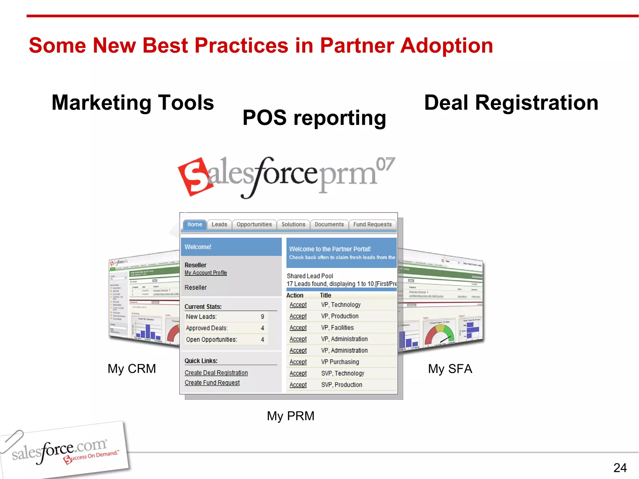 Some New Best Practices in Partner Adoption My CRM My SFA Marketing Tools My PRM POS reporting Deal Registration 