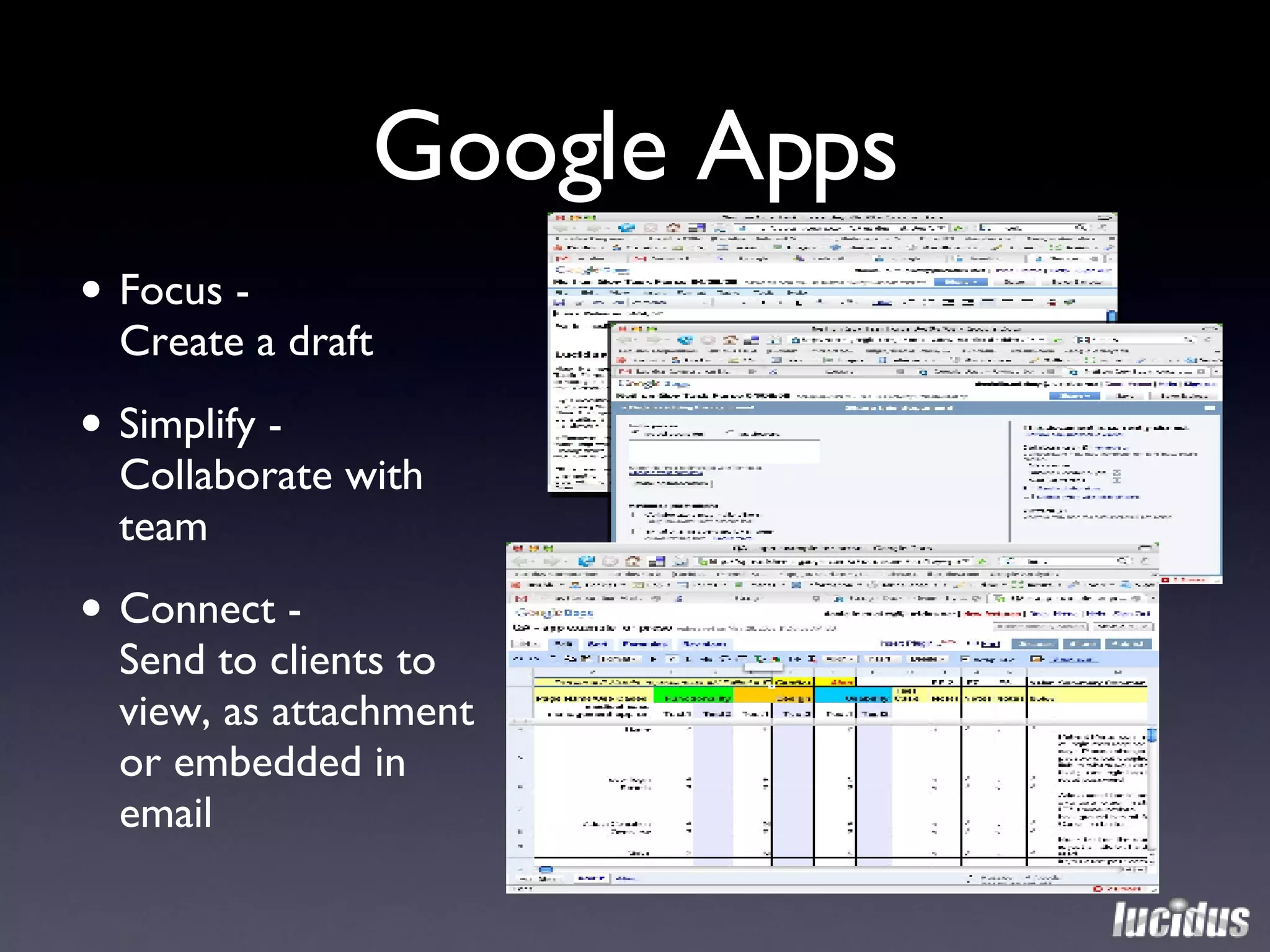 Google Apps Focus -  Create a draft Simplify -  Collaborate with team Connect -  Send to clients to view, as attachment or embedded in email 
