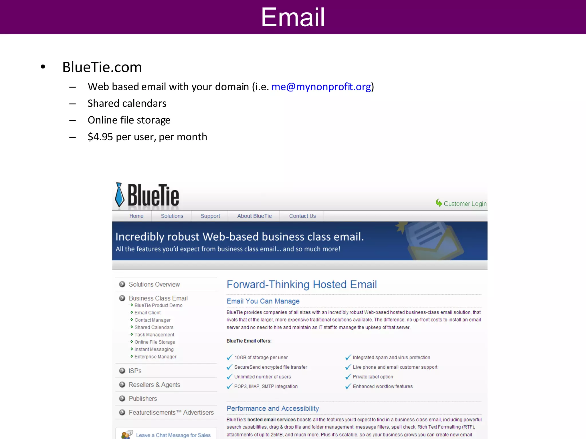 BlueTie.com Web based email with your domain (i.e.  [email_address] )  Shared calendars Online file storage $4.95 per user, per month Email 