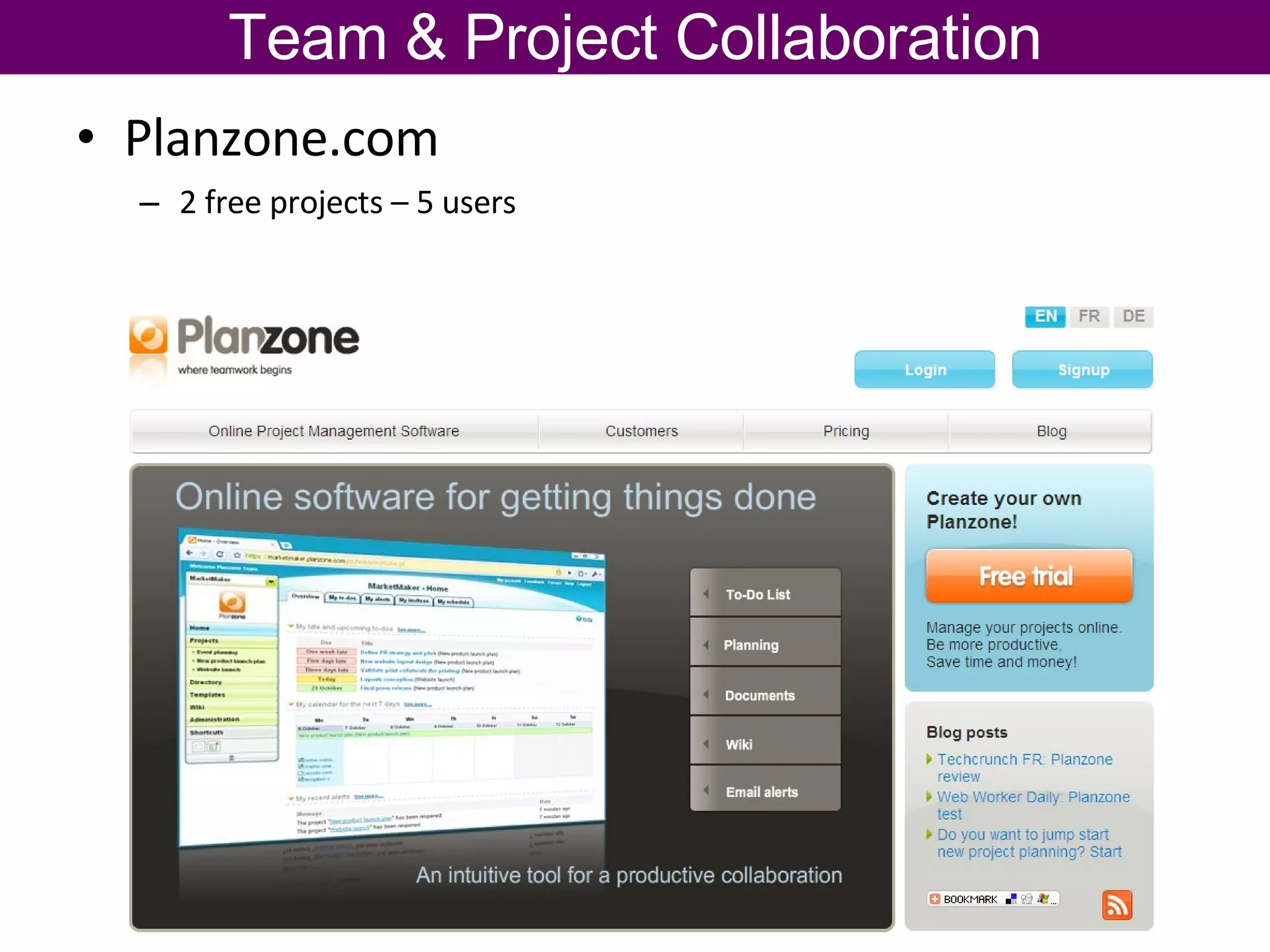 Team & Project Collaboration Planzone.com 2 free projects – 5 users 
