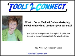 What is Social Media & Online Marketing,
and why should you use it for your business?


   This presentation provides a blueprint of tools and
   a guide to the options available for your business.




            Kay Wallace, Connection Coach

    www.tools2connect.com                                1
 