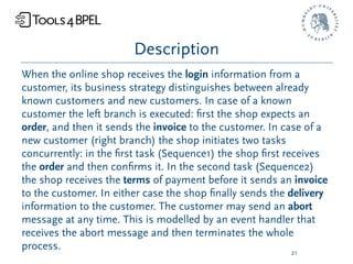 Description
When the online shop receives the login information from a
customer, its business strategy distinguishes between already
known customers and new customers. In case of a known
customer the left branch is executed: ﬁrst the shop expects an
order, and then it sends the invoice to the customer. In case of a
new customer (right branch) the shop initiates two tasks
concurrently: in the ﬁrst task (Sequence1) the shop ﬁrst receives
the order and then conﬁrms it. In the second task (Sequence2)
the shop receives the terms of payment before it sends an invoice
to the customer. In either case the shop ﬁnally sends the delivery
information to the customer. The customer may send an abort
message at any time. This is modelled by an event handler that
receives the abort message and then terminates the whole
process.                                                   21
 