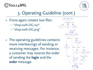 3. Operating Guideline (cont.)
• Fiona again creates two ﬁles:
   – “shop.owfn.OG.out”
   – “shop.owfn.OG.png”


• The operating guidelines contains
  more interleavings of sending or
  receiving messages. For instance,
  a customer may reverse the order
  of sending the login and the
  order message.
                                        30
 