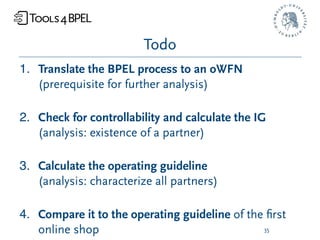 Todo
1. Translate the BPEL process to an oWFN
   (prerequisite for further analysis)

2. Check for controllability and calculate the IG
   (analysis: existence of a partner)

3. Calculate the operating guideline
   (analysis: characterize all partners)

4. Compare it to the operating guideline of the ﬁrst
   online shop                                 35
 