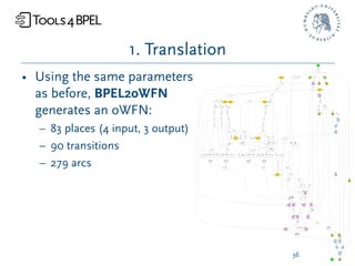 1. Translation
• Using the same parameters
  as before, BPEL2oWFN
  generates an oWFN:
  – 83 places (4 input, 3 output)
  – 90 transitions
  – 279 arcs




                                     36
 