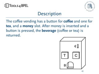 Description
The coﬀee vending has a button for coﬀee and one for
tea, and a money slot. After money is inserted and a
button is pressed, the beverage (coﬀee or tea) is
returned.




                                             43
 
