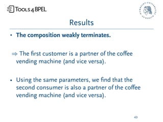Results
• The composition weakly terminates.

) The ﬁrst customer is a partner of the coﬀee
 vending machine (and vice versa).

• Using the same parameters, we ﬁnd that the
  second consumer is also a partner of the coﬀee
  vending machine (and vice versa).


                                                49
 