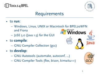 Requirements
• to run:
   – Windows, Linux, UNIX or Macintosh for BPEL2oWFN
     and Fiona
   – J2SE 5.0 (Java 1.5) for the GUI
• to compile:
   – GNU Compiler Collection (gcc)
• to develop:
   – GNU Autotools (automake, autoconf, …)
   – GNU Compiler Tools (ﬂex, bison, kimwitu++)

                                                  5
 