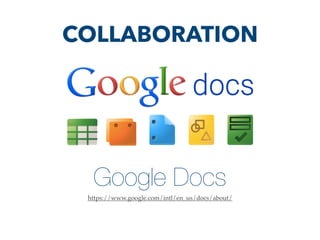 Google Docs
https://www.google.com/intl/en_us/docs/about/
COLLABORATION
 