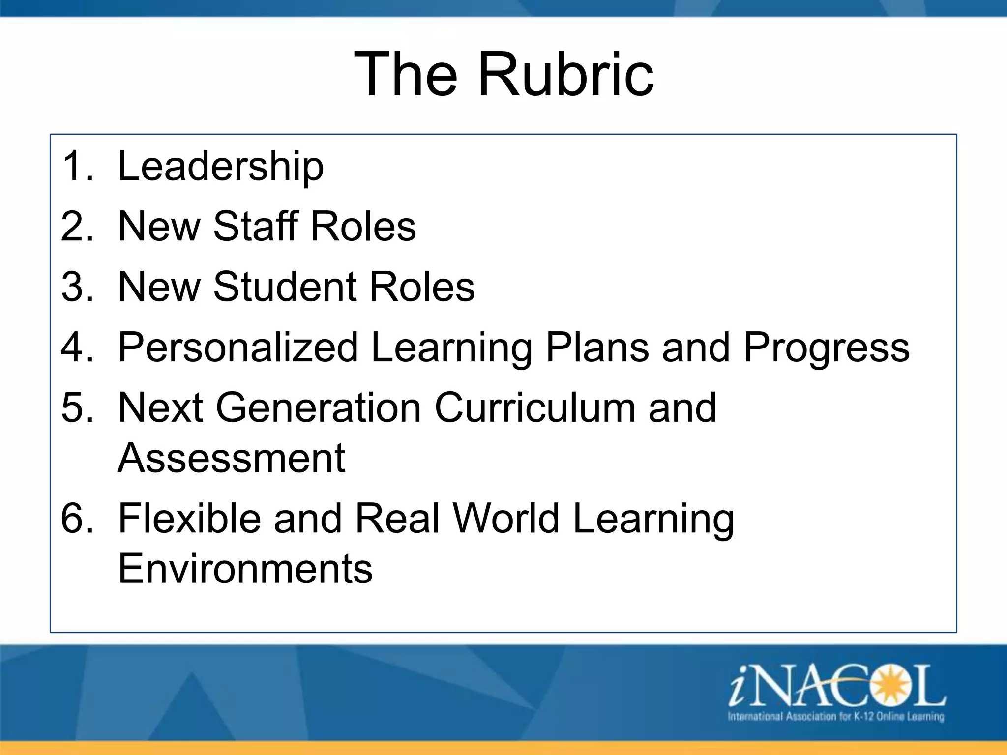 The Rubric
1.
2.
3.
4.
5.

Leadership
New Staff Roles
New Student Roles
Personalized Learning Plans and Progress
Next Generation Curriculum and
Assessment
6. Flexible and Real World Learning
Environments

 