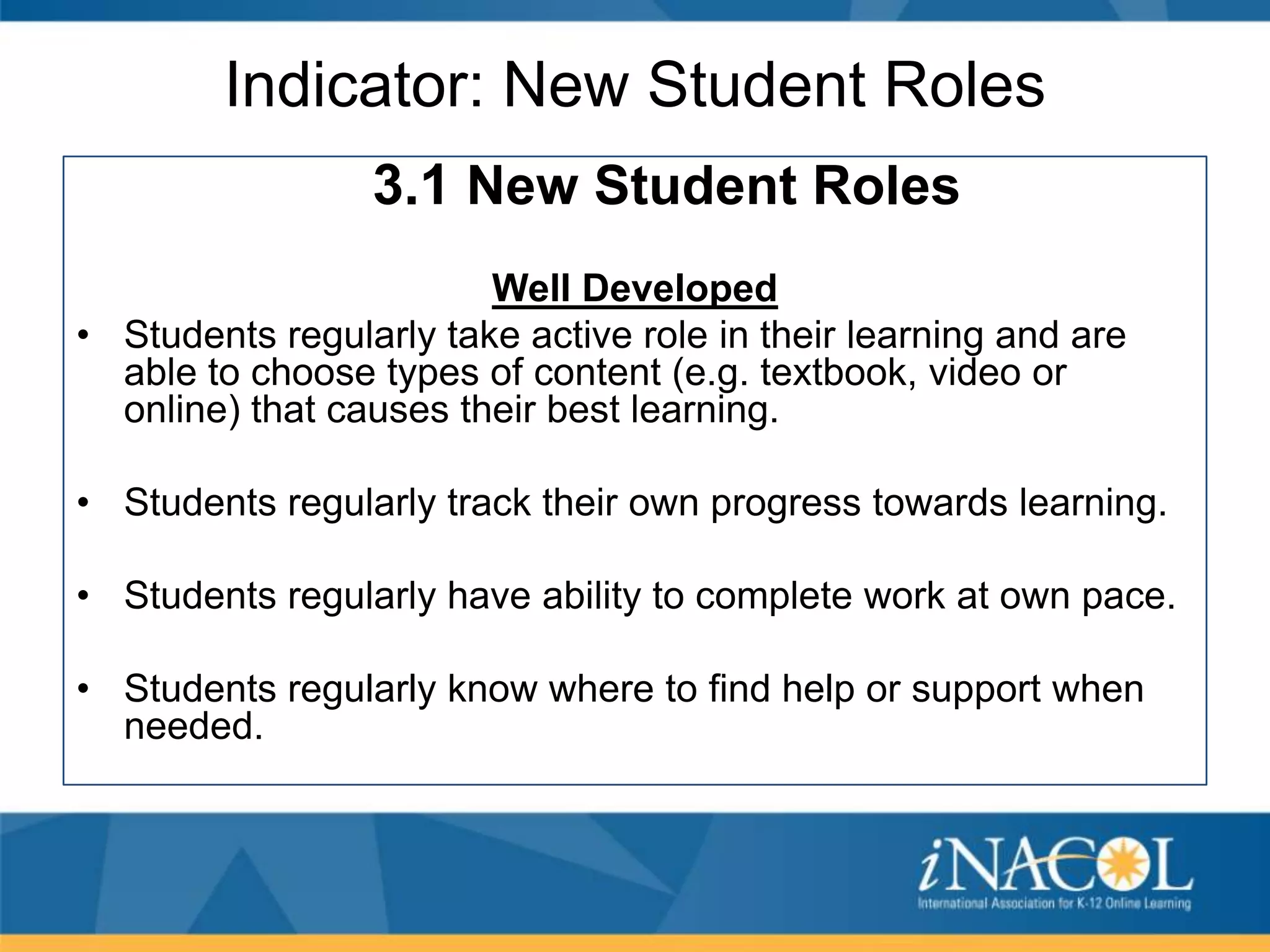 Indicator: New Student Roles
3.1 New Student Roles
Well Developed
• Students regularly take active role in their learning and are
able to choose types of content (e.g. textbook, video or
online) that causes their best learning.
• Students regularly track their own progress towards learning.
• Students regularly have ability to complete work at own pace.

• Students regularly know where to find help or support when
needed.

 