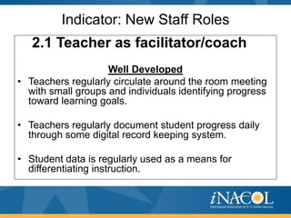 Indicator: New Staff Roles
2.1 Teacher as facilitator/coach
Well Developed
• Teachers regularly circulate around the room meeting
with small groups and individuals identifying progress
toward learning goals.
• Teachers regularly document student progress daily
through some digital record keeping system.
• Student data is regularly used as a means for
differentiating instruction.

 
