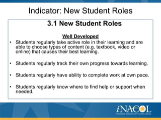 Indicator: New Student Roles
3.1 New Student Roles
Well Developed
• Students regularly take active role in their learning and are
able to choose types of content (e.g. textbook, video or
online) that causes their best learning.
• Students regularly track their own progress towards learning.
• Students regularly have ability to complete work at own pace.

• Students regularly know where to find help or support when
needed.

 