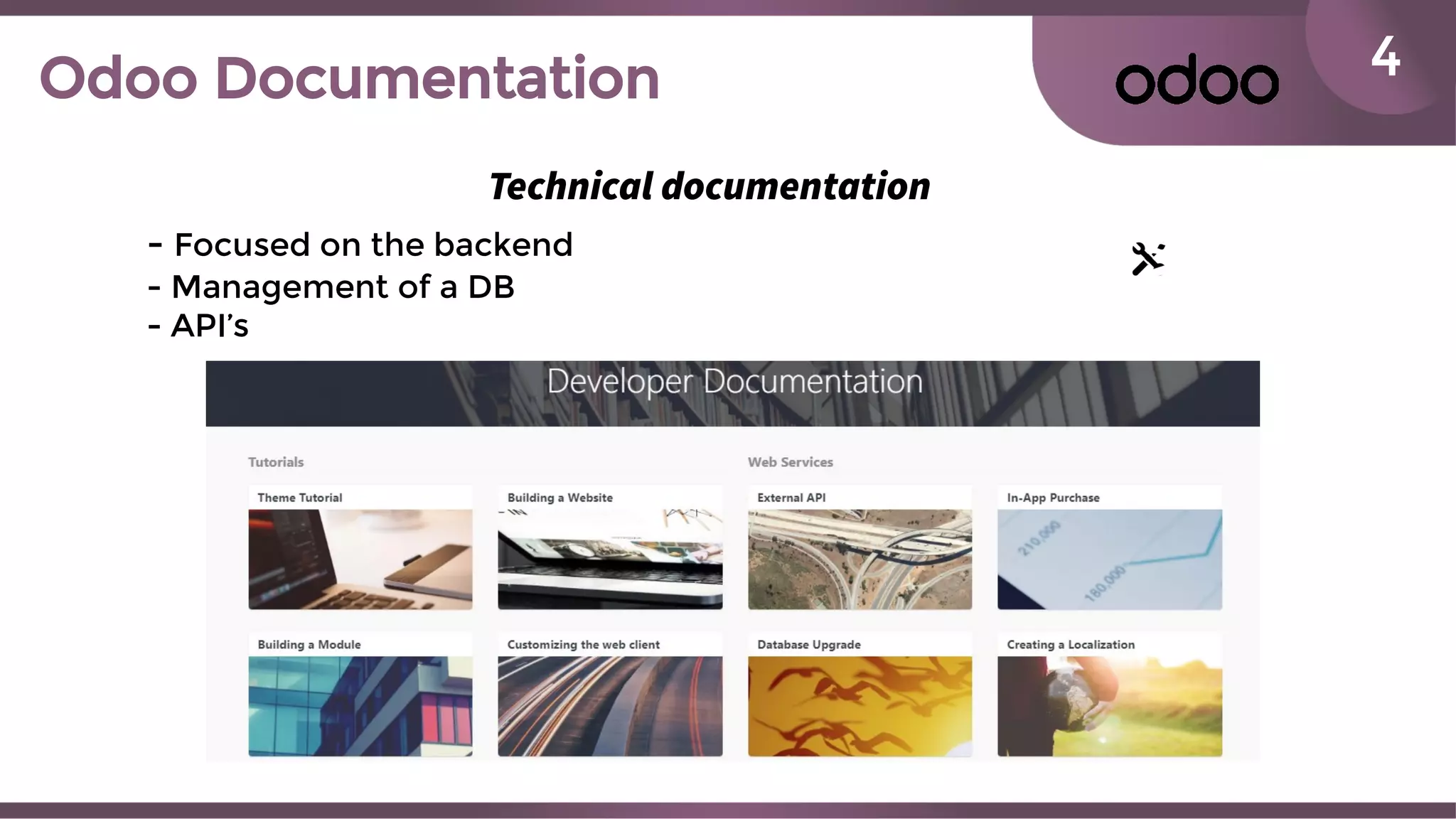 4Odoo Documentation
Technical documentation
- Focused on the backend
- Management of a DB
- API’s
 
