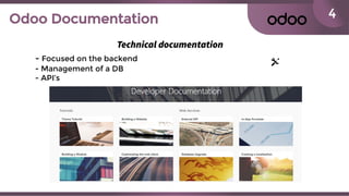 4Odoo Documentation
Technical documentation
- Focused on the backend
- Management of a DB
- API’s
 