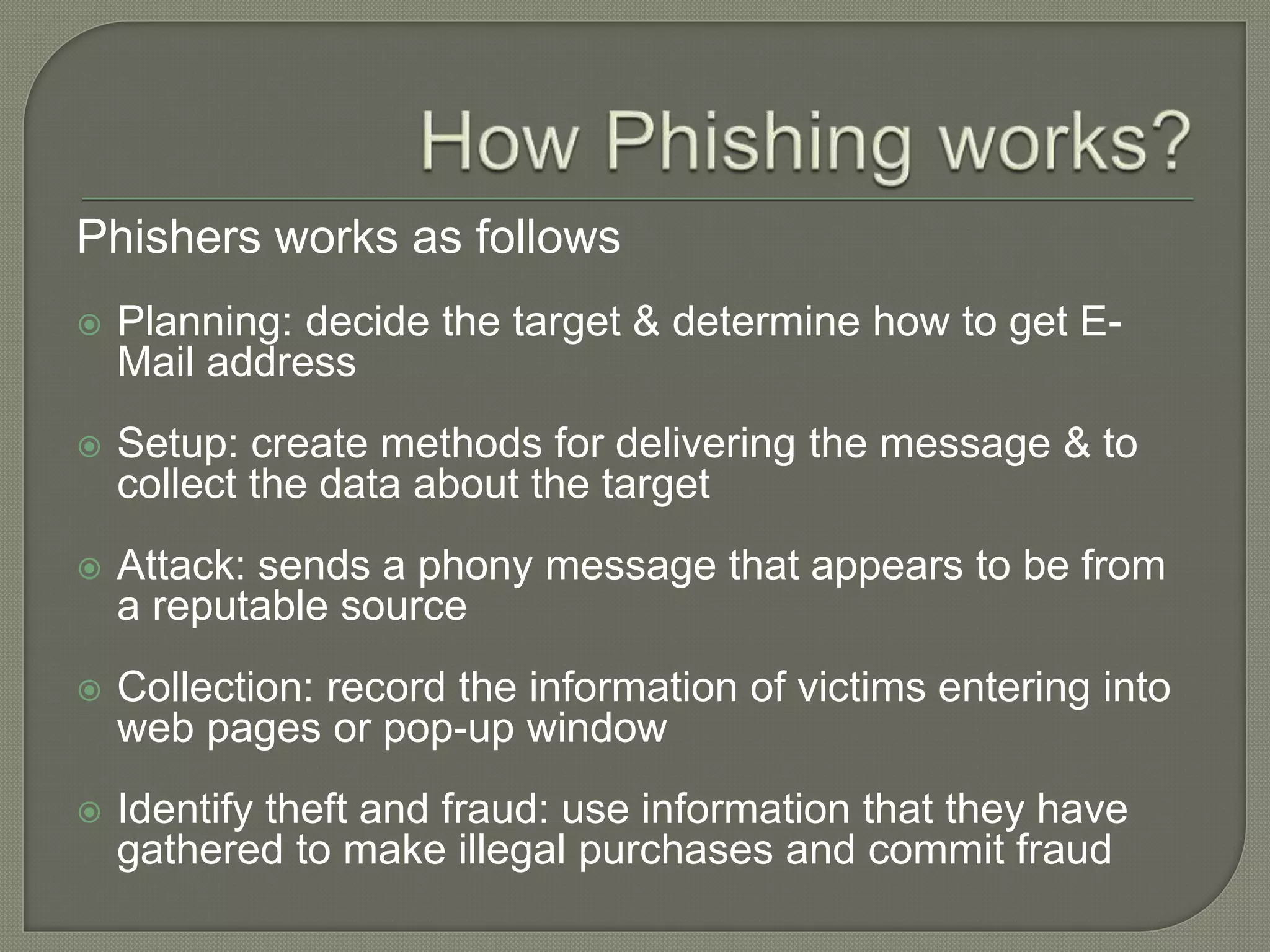 Phishers works as follows
 Planning: decide the target & determine how to get E-
Mail address
 Setup: create methods for delivering the message & to
collect the data about the target
 Attack: sends a phony message that appears to be from
a reputable source
 Collection: record the information of victims entering into
web pages or pop-up window
 Identify theft and fraud: use information that they have
gathered to make illegal purchases and commit fraud
 