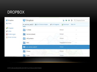 DROPBOX
HTTP://DE.SLIDESHARE.NET/MITTLO/TOOLS-AND-PAGES
 