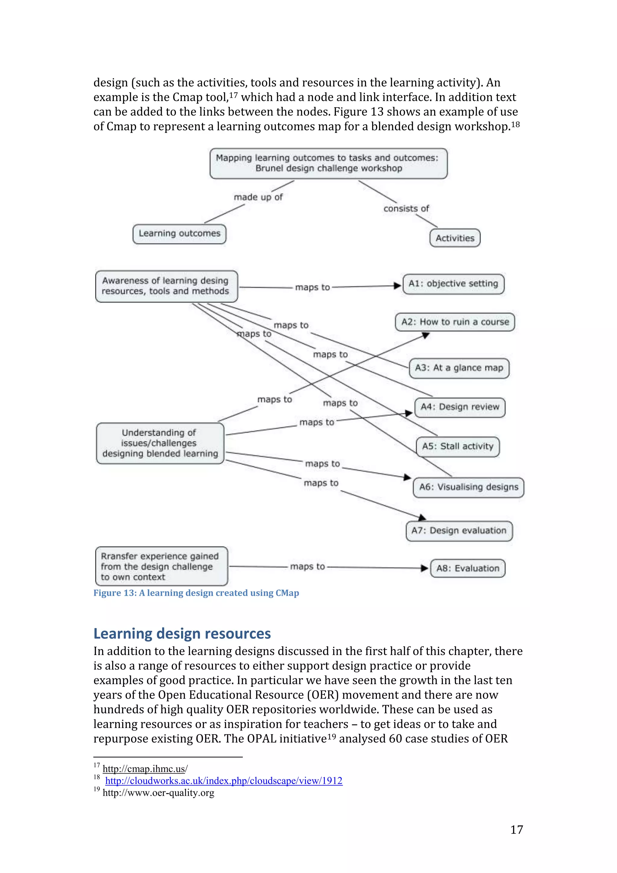 design (such as the activities, tools and resources in the learning activity). An
example is the Cmap tool,17 which had a node and link interface. In addition text
can be added to the links between the nodes. Figure 13 shows an example of use
of Cmap to represent a learning outcomes map for a blended design workshop.18




Figure 13: A learning design created using CMap



Learning design resources
In addition to the learning designs discussed in the first half of this chapter, there
is also a range of resources to either support design practice or provide
examples of good practice. In particular we have seen the growth in the last ten
years of the Open Educational Resource (OER) movement and there are now
hundreds of high quality OER repositories worldwide. These can be used as
learning resources or as inspiration for teachers – to get ideas or to take and
repurpose existing OER. The OPAL initiative19 analysed 60 case studies of OER
17
   http://cmap.ihmc.us/
18
    http://cloudworks.ac.uk/index.php/cloudscape/view/1912
19
   http://www.oer-quality.org


                                                                                   17
 