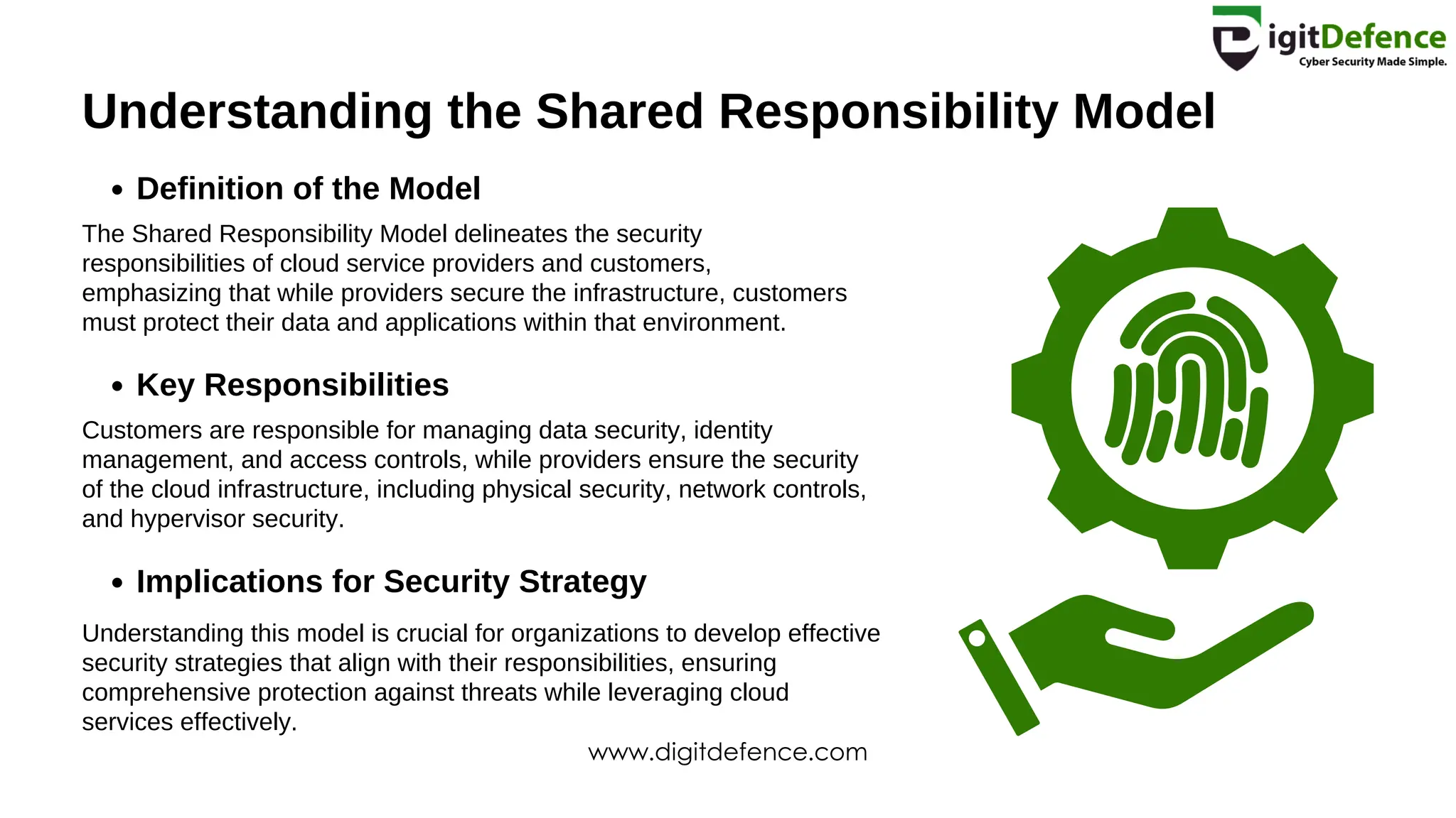 Understanding the Shared Responsibility Model
Definition of the Model
Key Responsibilities
Implications for Security Strategy
The Shared Responsibility Model delineates the security
responsibilities of cloud service providers and customers,
emphasizing that while providers secure the infrastructure, customers
must protect their data and applications within that environment.
Customers are responsible for managing data security, identity
management, and access controls, while providers ensure the security
of the cloud infrastructure, including physical security, network controls,
and hypervisor security.
Understanding this model is crucial for organizations to develop effective
security strategies that align with their responsibilities, ensuring
comprehensive protection against threats while leveraging cloud
services effectively.
www.digitdefence.com
 