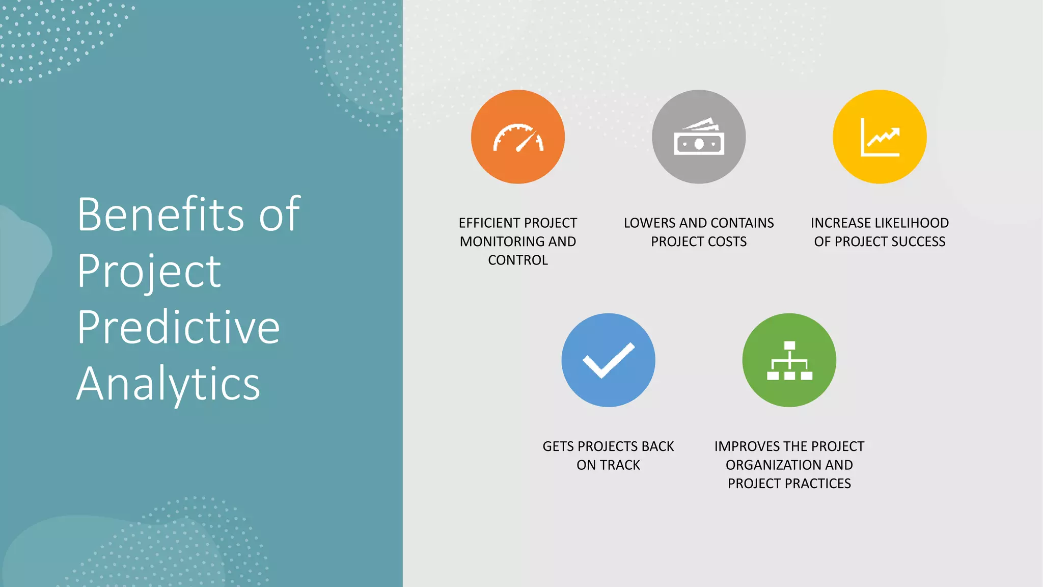 Benefits of
Project
Predictive
Analytics
EFFICIENT PROJECT
MONITORING AND
CONTROL
LOWERS AND CONTAINS
PROJECT COSTS
INCREASE LIKELIHOOD
OF PROJECT SUCCESS
GETS PROJECTS BACK
ON TRACK
IMPROVES THE PROJECT
ORGANIZATION AND
PROJECT PRACTICES
 