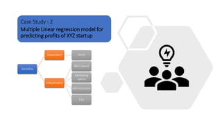Case Study : 2
Multiple Linear regression model for
predicting profits of XYZ startup
Variables
Dependent Profit
Independent
R&D Spend
Marketing
Spend
Adminstration
City
 