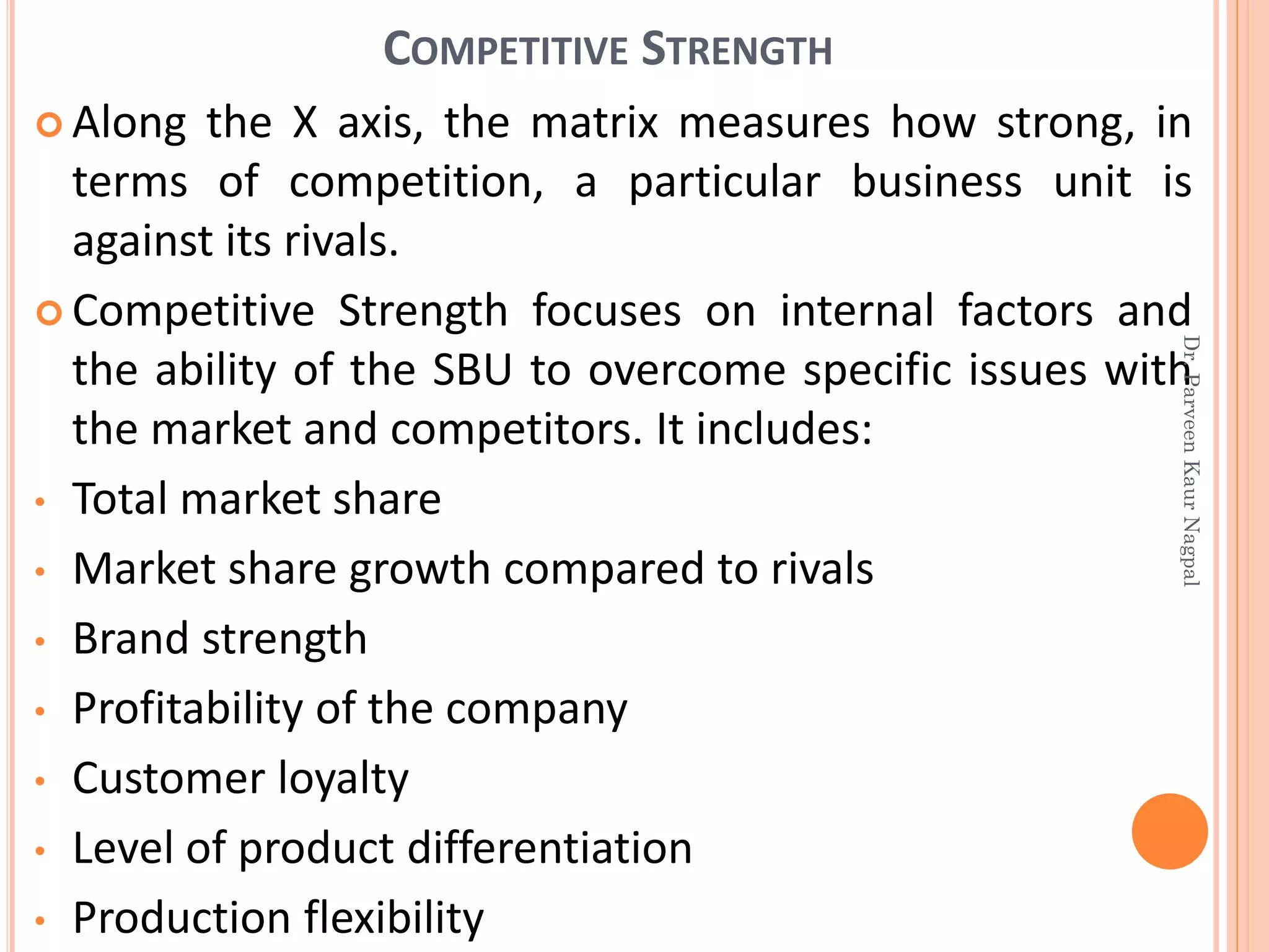 Along the X axis, the matrix measures how strong, in
terms of competition, a particular business unit is
against its rivals.
 Competitive Strength focuses on internal factors and
the ability of the SBU to overcome specific issues with
the market and competitors. It includes:
• Total market share
• Market share growth compared to rivals
• Brand strength
• Profitability of the company
• Customer loyalty
• Level of product differentiation
• Production flexibility
COMPETITIVE STRENGTH
Dr.ParveenKaurNagpal
 