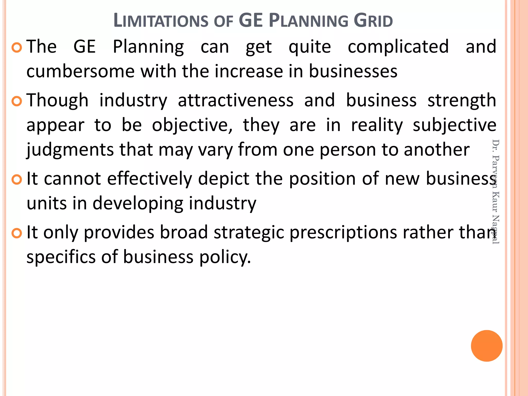  The GE Planning can get quite complicated and
cumbersome with the increase in businesses
 Though industry attractiveness and business strength
appear to be objective, they are in reality subjective
judgments that may vary from one person to another
 It cannot effectively depict the position of new business
units in developing industry
 It only provides broad strategic prescriptions rather than
specifics of business policy.
LIMITATIONS OF GE PLANNING GRID
Dr.ParveenKaurNagpal
 