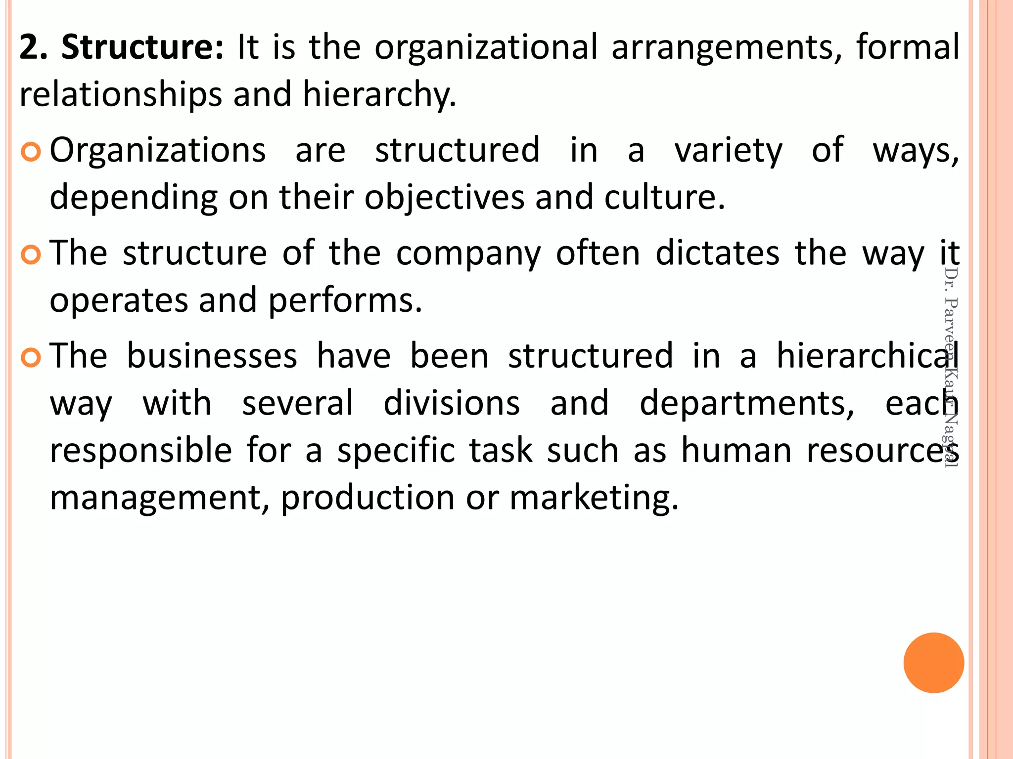 2. Structure: It is the organizational arrangements, formal
relationships and hierarchy.
 Organizations are structured in a variety of ways,
depending on their objectives and culture.
 The structure of the company often dictates the way it
operates and performs.
 The businesses have been structured in a hierarchical
way with several divisions and departments, each
responsible for a specific task such as human resources
management, production or marketing.
Dr.ParveenKaurNagpal
 