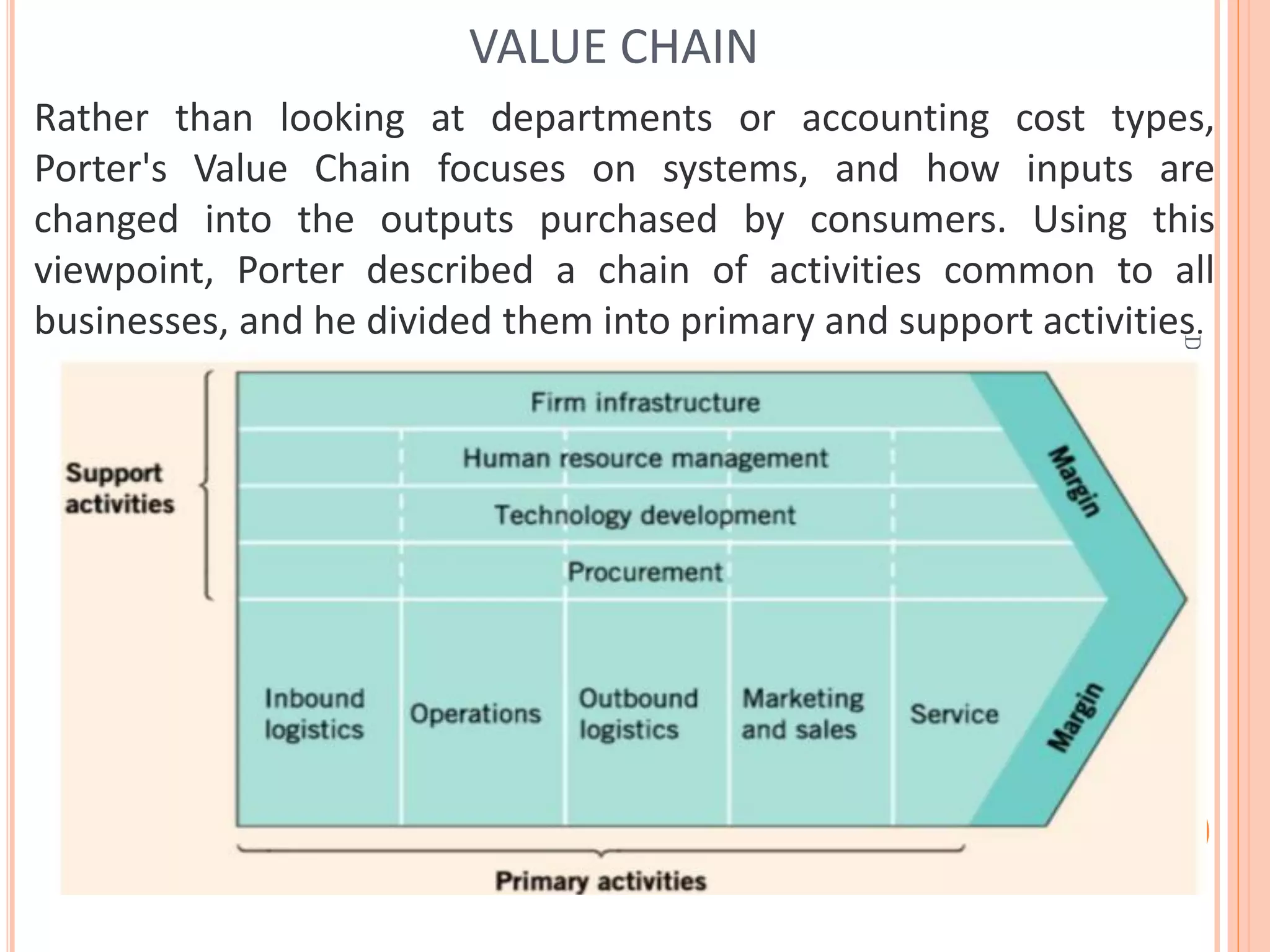 Rather than looking at departments or accounting cost types,
Porter's Value Chain focuses on systems, and how inputs are
changed into the outputs purchased by consumers. Using this
viewpoint, Porter described a chain of activities common to all
businesses, and he divided them into primary and support activities.
VALUE CHAIN
Dr.ParveenKaurNagpal
 
