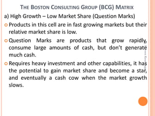 THE BOSTON CONSULTING GROUP (BCG) MATRIX
a) High Growth – Low Market Share (Question Marks)
 Products in this cell are in fast growing markets but their
relative market share is low.
 Question Marks are products that grow rapidly,
consume large amounts of cash, but don’t generate
much cash.
 Requires heavy investment and other capabilities, it has
the potential to gain market share and become a star,
and eventually a cash cow when the market growth
slows.
Dr.ParveenKaurNagpal
 