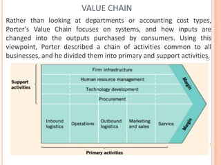 Rather than looking at departments or accounting cost types,
Porter's Value Chain focuses on systems, and how inputs are
changed into the outputs purchased by consumers. Using this
viewpoint, Porter described a chain of activities common to all
businesses, and he divided them into primary and support activities.
VALUE CHAIN
Dr.ParveenKaurNagpal
 