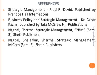 1. Strategic Management - Fred R. David, Published by
Prentice Hall International.
2. Business Policy and Strategic Management - Dr. Azhar
Kazmi, published by Tata McGraw Hill Publications
3. Nagpal, Sharma: Strategic Management, SYBMS (Sem.
3), Sheth Publishers
4. Nagpal, Shelankar, Sharma: Strategic Management,
M.Com (Sem. 3), Sheth Publishers
REFERENCES
Dr.ParveenKaurNagpal
 
